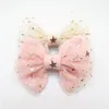 10pcs / lot Fée Fille Cheveux Arc Clip Or Cuivre Étoile Pendentif Lumière Rose Paillettes Étoile Tulle Arc Noeud Barrette Doux Hairpin265Z