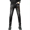 Black jeans men autumn and winter thick slim-fit small foot embroidery fashion brand high-end stretch small straight pants Q231130