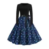 Casual Dresses Women Christmas Print Flare Dress Long Sleeve O-Neck Party Black Swing Sukienka Dlugi Rekaw Damska