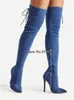 Laarzen est Sexy Vrouwen Puntschoen Over de knie Naaldhak Denim Gladiator Side Lace up Slanke Stijl Lange Hoge Hakken 231130