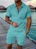 Men's Polos Retro Printed Two Piece Set Men Seaside Holiday Outfits Mens 2023 Summer Casual Short Sleeve Lapel Zipper Tops And Shorts SuitMe