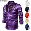 Koszulki męskie Purple cekinowe patchwork jedwabna koszula Męsę moda zachodnie chłopiec w stylu satynowe sukienki męskie koszule disco taniec stadium Promowa 2xl 231130