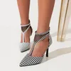 Dress Shoes Womens Pointed Toe Mesh T-strap Stilettos High Heel Pumps Ankle Leopard Plaid Colors Plus Big Size 46 47 48