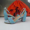 Zapatos de vestir de verano azul cristal nupcial boda y bolso mujer moda tacón grueso sandalias de fiesta de noche bolso femenino correa de tobillo