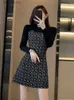 Basic casual jurken herfst en winter Koreaanse mode gebreide damesjurk lange sle o-hals patchwork rasterstiksels lange slee-jurk modieusL231130