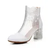 Boots Women's Leather Lace Flowers Net Surface Cool Thick Heels And High Fishmouth Sandals Sexy Single Women.