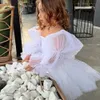 Flower Girl Dresses White Long Puff Sleeves Off the Shoulder Short Infant Pageant Dress Knee Length Lace Up Bow Child Birthday Gown