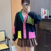 Suéteres de mujer SURMIITRO cárdigan de punto para mujer 2023 otoño invierno coreano lindo contraste suelto cuello en V suéter con una botonadura femenina