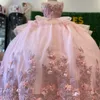 ピンクの光沢のあるボールガウンQuinceaneraドレスパール3DフラワーズアップリケビーズVestidos DE 15 ANOSコルセットドレス16歳の誕生日