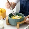 Креативная штабелируемая керамическая миска для фруктов, фарфоровая салатница, десерт с деревянным держателем, посуда, кухонный контейнер для хранения