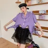 Women's Blouses Korean Short Irregular Purple Lace Hollow Out Shirt Women 2023 Summer Turndown Collar Single Breasted Sleeve Ladies Tops