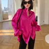 Women's Blouses JulyPalette Elegant Rose Red Women Satin Tops Spring Summer Loose Single-breasted Ladies Long Sleeve Blusas 2023