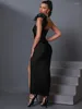 カジュアルドレス長い包帯ドレス女性ブラックパーティーボディコンエレガントハイスプリットセクシーなワンショルダーバースデーイブニングクラブ衣装夏