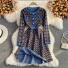 Casual Dresses 2023 New Glittering Round Neck Single Breasted Long-sleeved Ladies Elegant Knitted Jacquard Above Knee A-line Dress