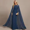 Elegant Navy Chiffon Mother Of The Bride Dresses Cape Sleeves Lace Appliques Long Wedding Guest Dress 2024 Women Prom Evening Gowns Plus Size Party Vestido