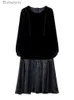 基本的なカジュアルドレスブラックベルベットパッチワークフォーラムFEの衣服秋の冬エレガントな贅沢ベスティドス2023韓国ヴィンテージパーティードレス231130