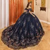 Vestido De fiesta con cuentas y hombros descubiertos, color azul marino oscuro, Vestidos De quinceañera, apliques De lentejuelas, corsé con cuentas De encaje, Vestidos De 15 anos