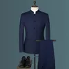 Ternos masculinos blazers gola estilo chinês fino ajuste de duas peças conjunto masculino zhong shan blazer jaqueta casaco calças 2 pçs 231129