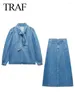Vestidos de trabajo 2023 mujeres Denim 2 piezas conjuntos de falda arco camisas con cordones cremallera trajes de cintura alta moda femenina ropa de calle