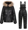 Kvinnor S Tvådelar Pants Ladies Korean Fashion Cotton Coat Big Fur Collar Two Piece Thick Trousers Overalls Pant kostymer Vetement Femme 231129