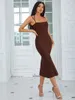 Casual Dresses Brown Color Women Sexy Strap Rayon Bandage Fashion Bodycon Long Dress Elegant Evening Party Outfit Vestido High Quality