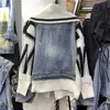 Outono inverno nova combinação xale de malha com bolso grande curto casaco jeans grosso e quente para mulheres