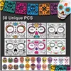 Temporary Tattoos Dao Of The Dead Face Tattoos 10 Sheet Halloween Temporary Sticker Kit Dia De Los Muertos Glitter Red Roses Skeleton Dh05W