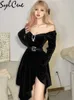 Party Dresses Senior Evening Queen Intellectual Elegant Dignified Prudent Black Mysterious Sexy Slim Women'S Belt Irregular Dress 230322