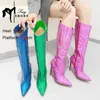 Botas femininas de cano médio com zíper lateral, sapatos femininos de salto alto fino que muda de cor, roxo laser brilhante, bico ponteagudo, botas curtas soltas