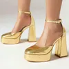 Sandalen Goud Zilver Glanzend Feest Bruiloft Dikke hakken Pumps Zomer Damesschoenen Gesloten teen Platform Blok Hoge hakken