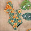 Swim Wear Y One Shoder Ruffle Swimsuit Print Floral Swimwear Women Bathing Suit Beachwear Monokini 220226 Drop Delivery Sports Outdoor Dhhml
