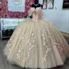 Champagne glänsande bollklänning quinceanera klänning korsett spetsar applikationer blomma pärlor paljetter söt 16 klänning vestidos de xv 15 anos