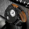 Avanadores de punho Oulm Hp3741 Relógios masculinos exclusivos Two -tempo de fuso horário Wristwatch 3D Big Dial Dial casual Sport Watch Relogio Masculino
