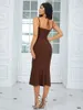 Casual Dresses Brown Color Women Sexy Strap Rayon Bandage Fashion Bodycon Long Dress Elegant Evening Party Outfit Vestido High Quality