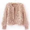 Kvinnors stickor Spring Autumn Korean Women Mohair Knittad Cardigan Sweater Coat Cutout Long Sleeve Sequins Cardigans Tops H286