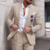 Abiti da uomo Blazer Abito di lino Abiti da sposa per uomo 2023 Colletto con bavero di lusso Top + pantaloni Set da 2 pezzi Monopetto Lino Trajes Elegante Para HombreL231130