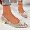 Zapatos de vestir de talla grande 42 tacones bajos boda mujer 2023 lujo cristal flor oro fiesta mujer resbalón en bombas de tacón grueso