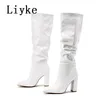 Boots Liyke Size 35-42 White Pleated Leather Long Boots Women Autumn Winter Chunky Heels Motorcycle Knee High Shoes Botas Largas Mujer 231129