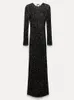 Grundlegende Freizeitkleider Mode glänzendes schwarzes Pailletten-Maxikleid für Frauen Sexy rückenfreies Langarmkleid Weibliche elegante Weihnachtsfeier-Abendkleider 231129