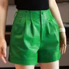 Women's Shorts Green Leather For Women 2023 Pleated Waist Genuine Sheepskin Casual Versatile Loose Leg Pocket Booty Pants