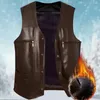 Mäns västar Män i västhet Stylish Mid-Aged Faux Leather V Neck Vest med plyschfoder Varm vindtät flerfickad vinter