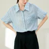 Bluzki damskie puszysty rękaw octany koszulka w paski Kobiet 2023 Summer Lapel Commuter Short Sleved Tops Shirts Bluzka