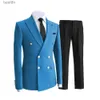 Męskie garnitury Blazery 2 sztuki garnitur męski 2023 Nowy podwójny piersi kurtka na notatkę Lapel Slim Fit Casual smoking na ślub (Blazer+Pants) L231130