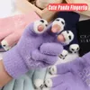 Pięć palców Rękawiczki Śliczne panda opuszki palca ciepłe kobiety dziewczyny zimowe puszyste dzianinowe rękawiczki na wełnianie ekranu dotykowego Pełny palcem rękawiczki 231130