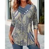 T-shirt da donna Abbigliamento Autunno Inverno Stampa vintage Bottone patchwork T-shirt eleganti Donna Casual Scollo a V Manica lunga Tunica allentata