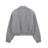 Women's Jackets 2023 Soft Bomber Jacket Woman Grey Cropped For Women Long Sleeve Oversized Snap Button Fall Outerwear
