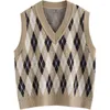 Kvinnors tröjor Preppy Style Turn-Down Collar Long Sleeve Shirt Autumn Winter Loose Knitted Tröja Vest Argyle Vintage Tvådelat Set