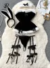 Sexy Set SINGREINY Cosplay Rabbit Maid Nightwear Halter Splice Fur Bow Lingerie Combination Christmas Erotic Porno Underwear Sets 231129