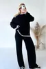 Pantalon à deux pièces pour femmes rayées Élégantes femmes tricotées à la maison Swisping Pull top haut élastique haute taille 2 pièces Set Female automne