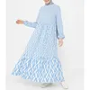 Ethnische Kleidung Blau Mode Kleider für Frauen Muslim Bündel Puffärmel O-Ausschnitt Lange Robe Kleider Full Cover Geometry Print Patchwork Maxi